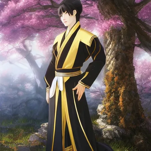 Image similar to a young beautiful prince, golden eyes, long black hair, white hanfu, elegant, intricate, backlit, incredible lighting, strong rim light, subsurface scattering, photorealistic anime, epic beautiful landscape, cherry trees, highly detailed, digital painting, by Heise Jinyao, Heise-Lian Yan Fang, Feimo, Rossdraws, Sakimichan HDRI, vivid colors, high contrast, trending on artstation 8k