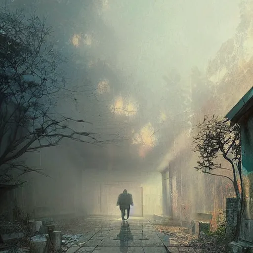 Prompt: walking around dilapidated!! abandoned ikeshima island, nagasaki, japan. volumetric lighting, foggy, spring evening, dark overcast weather, realistic illustration, perfectly shaded, ( golden hour ) soft painting, art by krenz cushart and wenjun lin