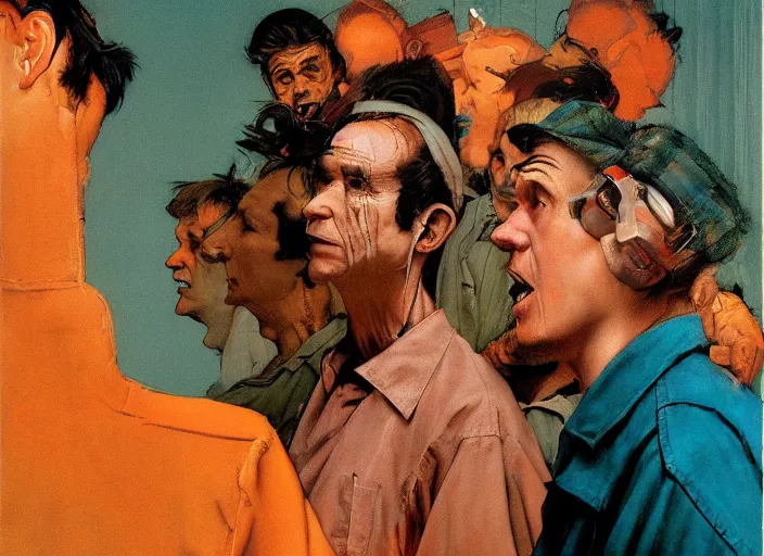 Image similar to a still from the movie one flew over the cuckoo's nest by francis bacon and norman rockwell and james jean, and mark brooks, triadic color scheme, by greg rutkowski, syd mead and edward hopper and norman rockwell and beksinski, dark surrealism, orange and turquoise