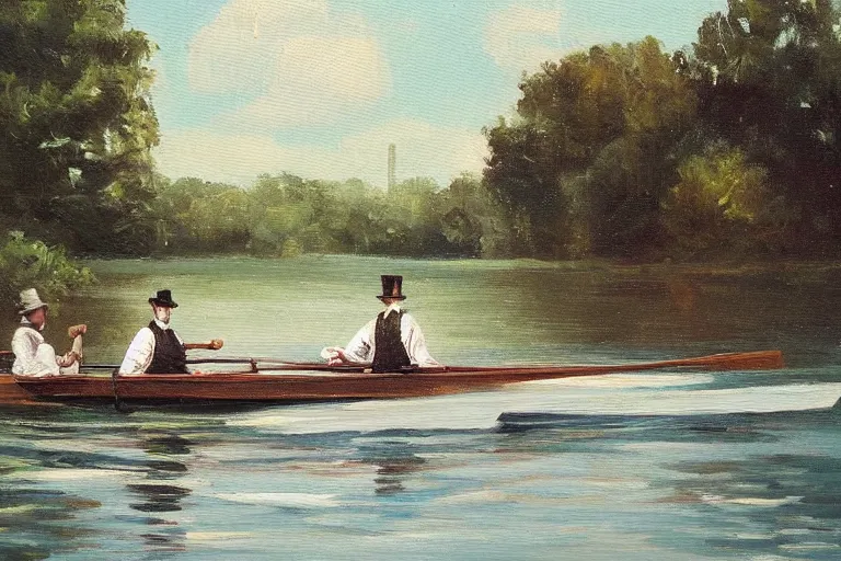 Prompt: “An oil painting of Abraham Lincoln rowing a boat in a park”