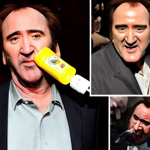 Image similar to Tarantino drinks a bottle of water filled with Nicolas Cage.