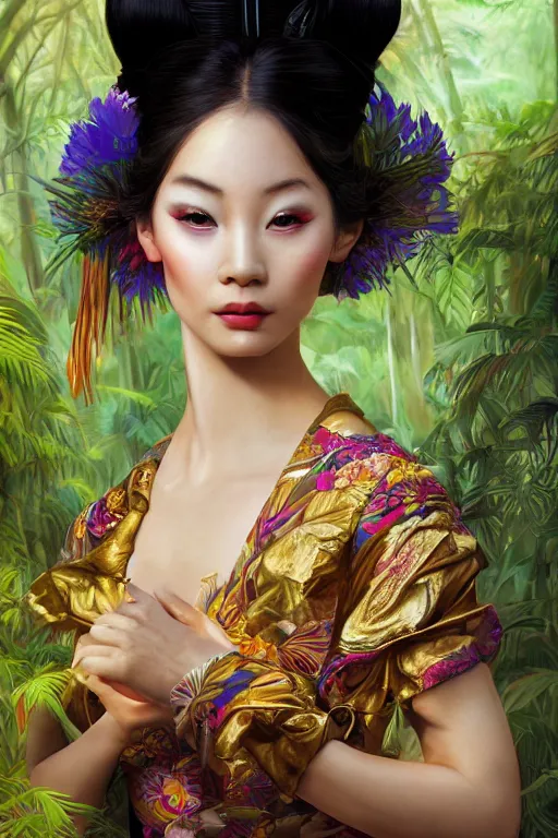 Image similar to stunningly beautiful, peruvian geisha prima ballerina in jungle, symmetrical face, golden hour, smooth, focus, highly detailed, hyper realistic, dramatic lighting, elegant, intricate, concept art, art by wlop, mars ravelo, greg rutowski, artstation