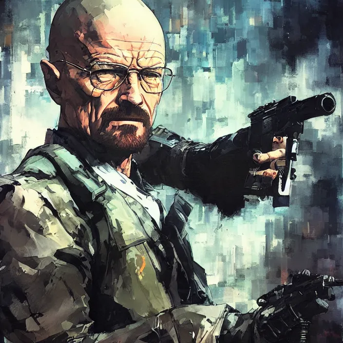 Prompt: walter white wearing metal gear armor holding gun dramatic lighting art by brandon anschultz by yoji shinkawa by richard schmid by greg rutkowski by sandra chevrier by jeremy lipking cinematic dramatic brush strokes background