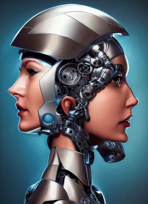 Image similar to portrait of a cyborg woman who turns her head to the ((((((right))))) left+50 (((((up))))) (((((down))))) by Artgerm,eyes closed , biomechanical, hyper detailled, trending on artstation