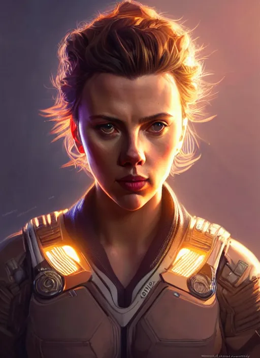 Image similar to portrait of apex legends scarlett johansson, intricate, elegant, glowing lights, highly detailed, digital painting, artstation, glamor pose, concept art, smooth, sharp focus, illustration, art by artgerm and greg rutkowski, artey freytag