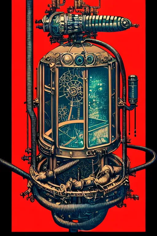 Prompt: steampunk cryo chamber containing an caterpillar, high details, intricately detailed, by vincent di fate, inking, 3 color screen print, masterpiece, trending on artstation,, sharp, details, hyper - detailed, hd, 4 k, 8 k