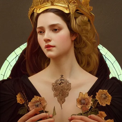 Image similar to portrait of queen, intricate, elegant, highly detailed, digital painting, artstation, concept art, smooth, sharp focus, illustration, art by artgerm and greg rutkowski and alphonse mucha and william - adolphe bouguereau