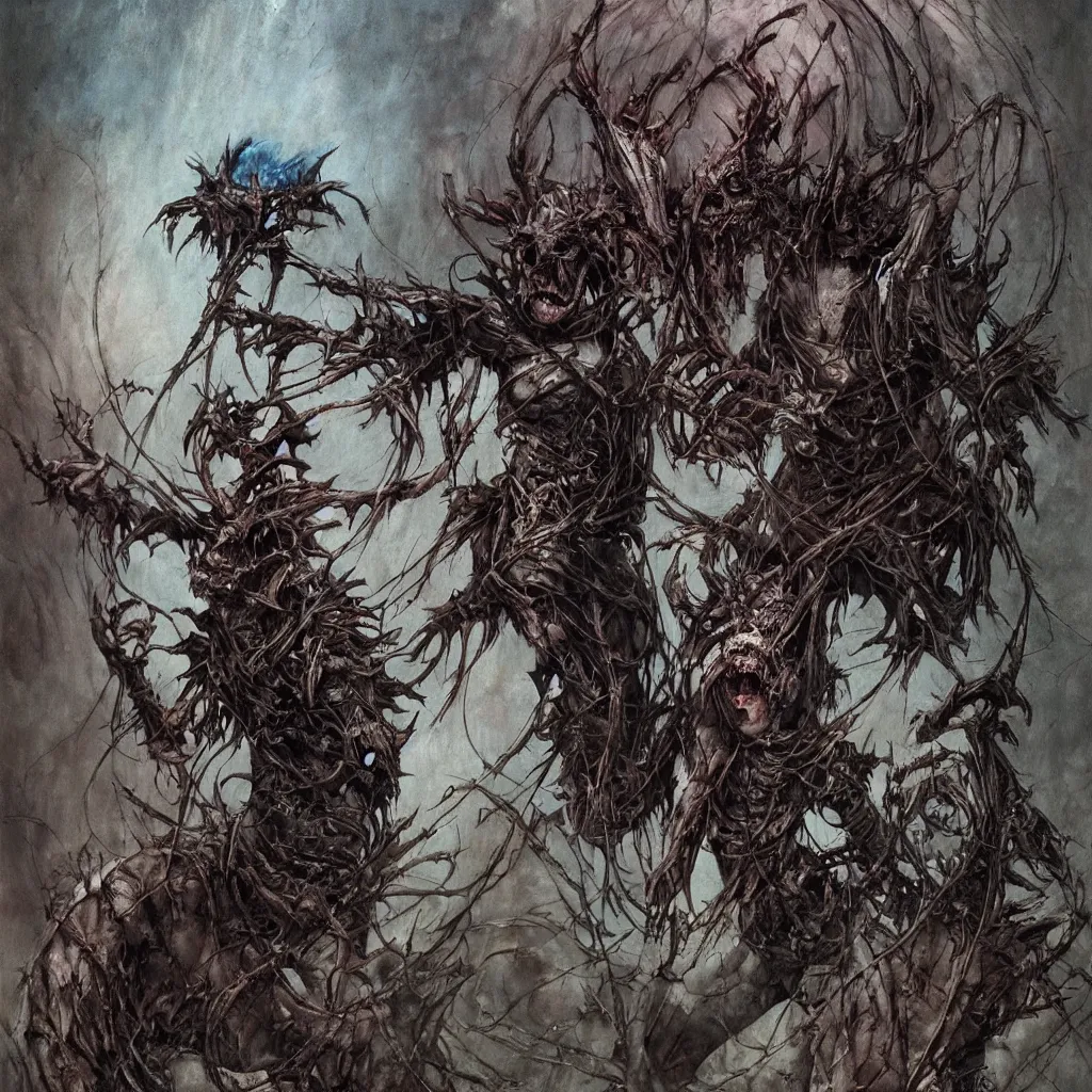 Image similar to A creepy armored horned fanged demon woman with blue scarred skin wrapped in barbed wire. Extremely high detail, realistic, fantasy art, solo, bones, ornate, textured, cgsociety masterpiece, saturated colors, tricate omnious visionary concept art tangled, ripped flesh, art by Zdzisław Beksiński, Arthur Rackham, Dariusz Zawadzki