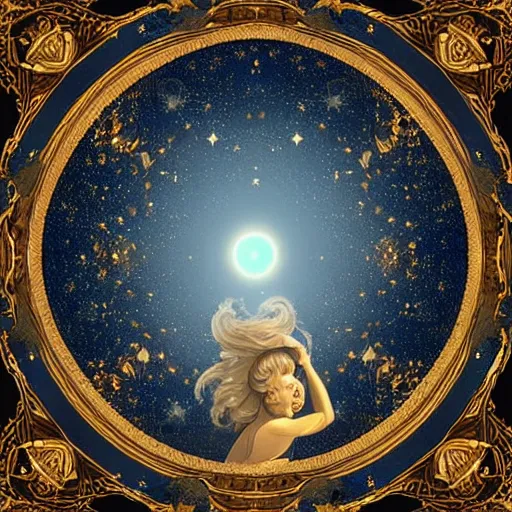 Prompt: sky in a starry night with glowing meteor showers, ascension of a woman decomposing and dissolving into moon, dark - blue black gold beige saturated, ornate baroque rococo art nouveau intricate detail, 3 d specular lighting, cinematic