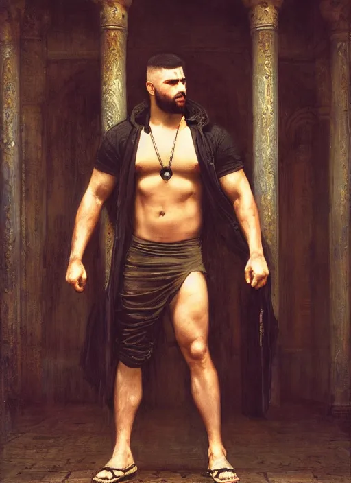 Image similar to big mike. cyberpunk meathead wearing fitness gear. (Cyberpunk 2077, bladerunner 2049). Iranian orientalist portrait by john william waterhouse and Edwin Longsden Long and Theodore Ralli and Nasreddine Dinet, oil on canvas. Cinematic, hyper realism, realistic proportions, dramatic lighting, high detail 4k