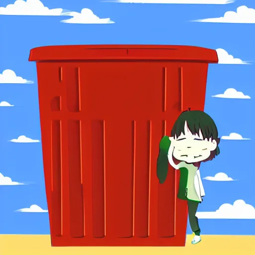 Image similar to Anime style illustration of an anthropomorphic dumpster