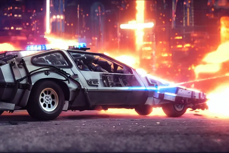 Image similar to photo of the back to the future battle combat machine gun delorean being chased by police on wet cyberpunk city streets at night, rocket league tank, mad max, action, speed, volumetric lighting, hdr, gta 5, syd mead, craig mullins, cinematic, fast and furious, octane, 8 k, iso 1 0 0, 1 2 mm