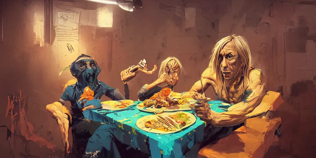 Image similar to cartoonish iggy pop eating dinner, vivid colors, character sheet, fine details, concept design, contrast, kim jung gi, greg rutkowski, trending on artstation, 8 k, full body, turnaround, front view, back view, ultra wide angle