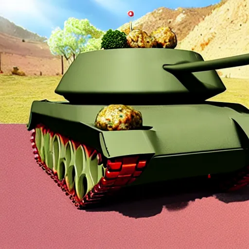 Image similar to a tank with meatballs instead of wheels