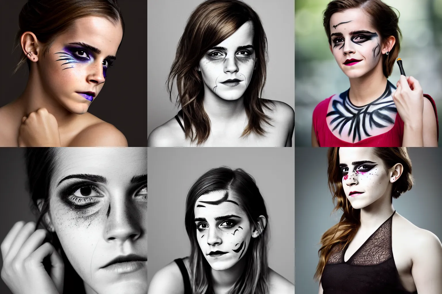 Prompt: Emma Watson with facepaint headshot, 200mm, canon, f5.6