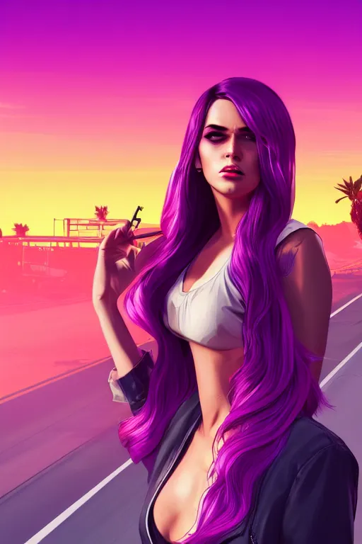 Image similar to a stunning GTA V loading screen with a beautiful woman with ombre purple pink hairstyle, hair blowing in the wind, sunset mood, outrun, vaporware, retro, digital art, trending on artstation