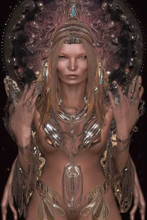 Image similar to a realistic dark photo of a beautiful metallic ancient alien woman goddess kate moss in jewelery and fractals in style of alphonse mucha art nuvo dmt trending on artstation made in unreal engine 4