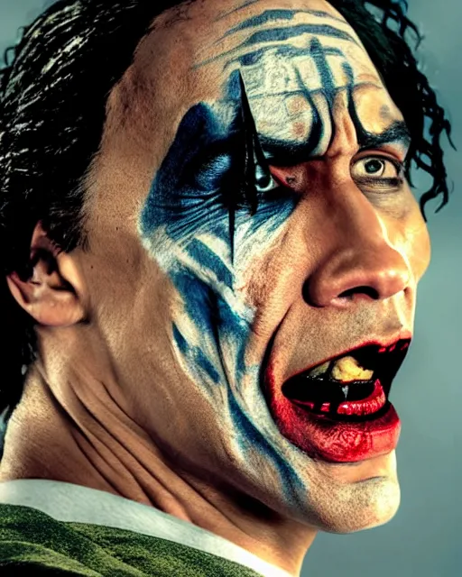 Image similar to Film still close-up shot of Dwayne The Rock Johnson as The Joker from the movie The Dark Knight. Photographic, photography