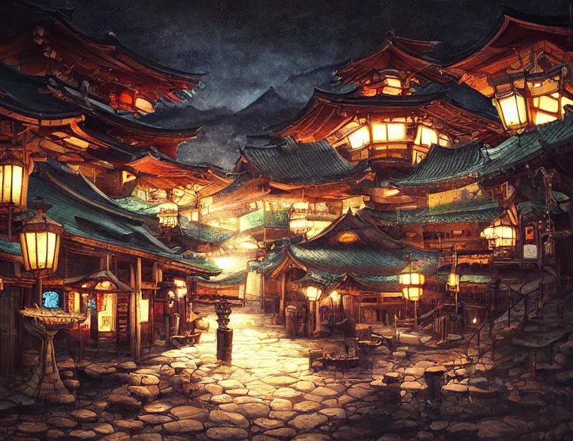 Prompt: enchanted izakaya in the faraway mountains. this oil painting by the award - winning mangaka has a beautiful composition, great sense of depth, dramatic lighting and intricate details.