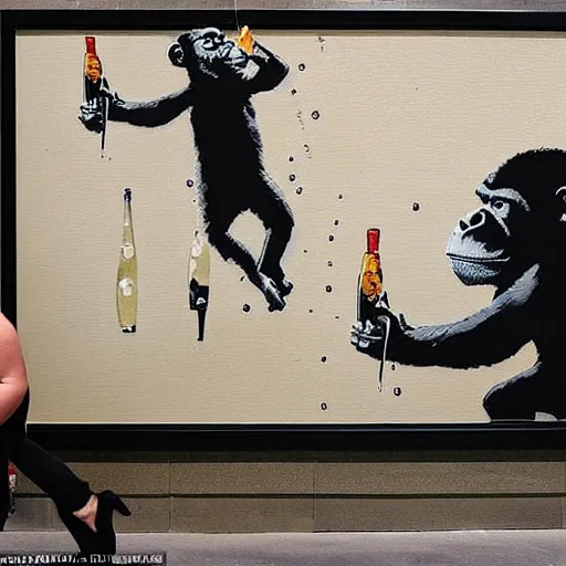 Image similar to multiple beautiful women looking at banksy of 2 apes holding champaign bottles, money falling from the sky