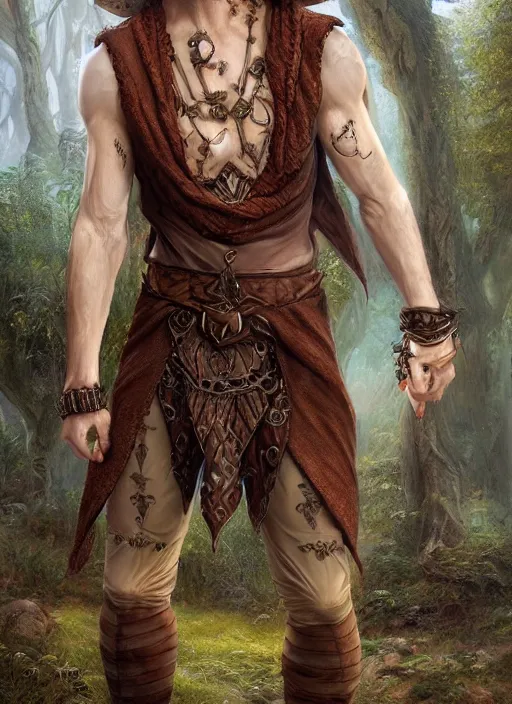Prompt: a relaxed male elf middle aged druid in a sleeveless west, brown short hair, strong, full body, 8 k, hyperrealistic, hyperdetailed, fantasy portrait by laura sava