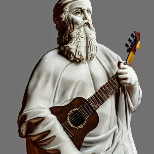 Prompt: epic greek marble statue of a bald man with a long beard playing a guitar, photo, chiaroscuro