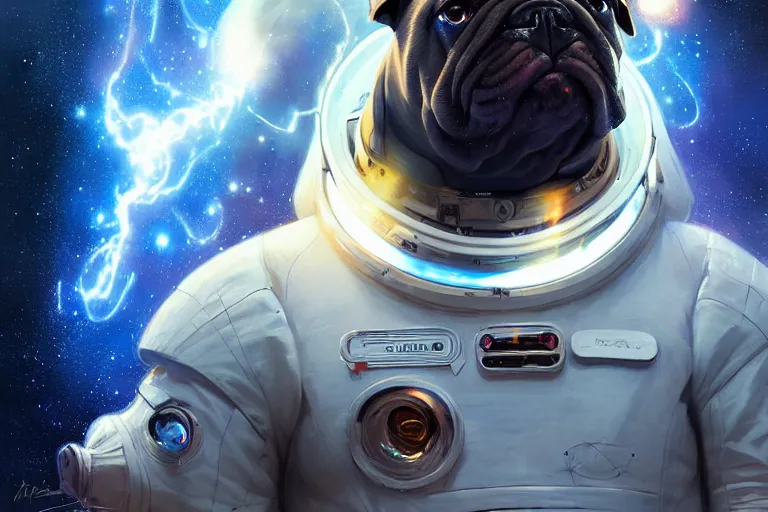 Image similar to portrait of a futuristic bulldog in a spacesuit, a nebula supernova in space, portrait, intricate, digital painting, artstation, concept art, smooth, sharp focus, illustration, cinematic lighting, art by artgerm and greg rutkowski and alphonse mucha