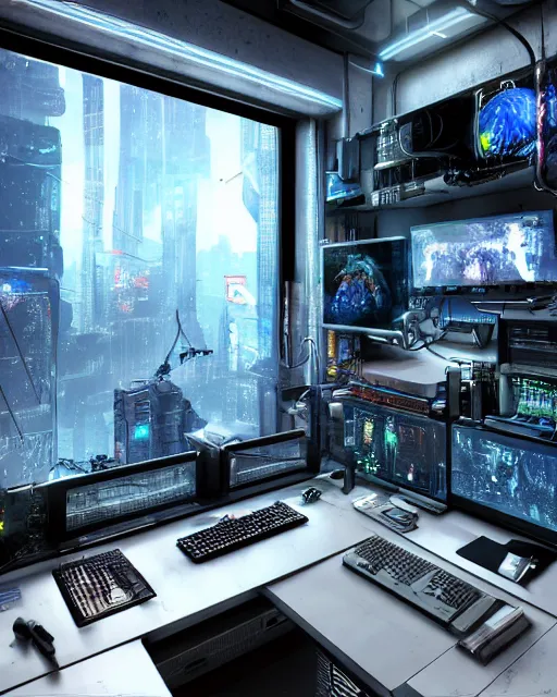 Image similar to artstation cyberpunk scifi scene of a complex computer workstation in a small studio apartment room, many monitors, many electronics, a window view, very detailed, maximalism, ambient occlusion, volumetric light, atmospheric haze, unreal engine, hyper realism, realistic shading, cinematic composition, realistic render, octane render, detailed textures, photorealistic, wide shot