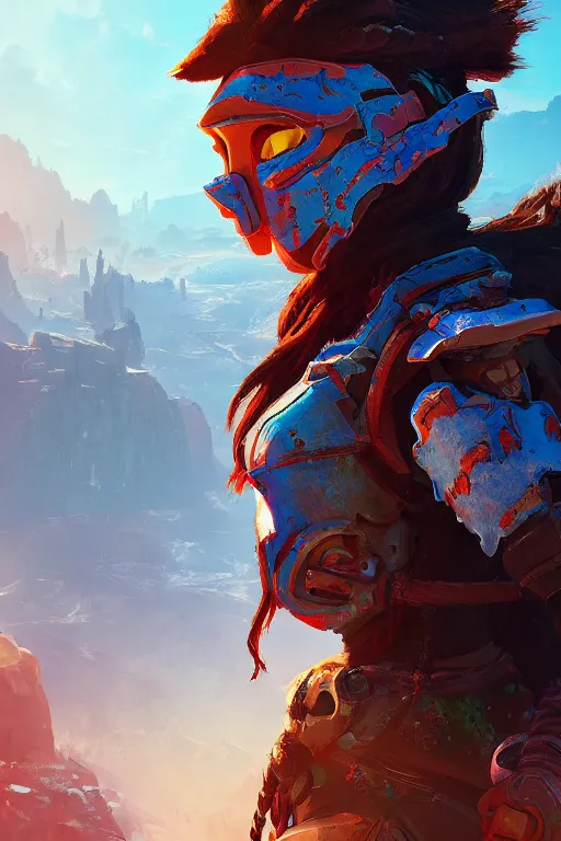 Image similar to combination suit armor aloy horizon forbidden west horizon zero dawn radiating a glowing aura global illumination ray tracing hdr fanart arstation by ian pesty and alena aenami artworks in 4 k tribal robot ninja mask helmet backpack