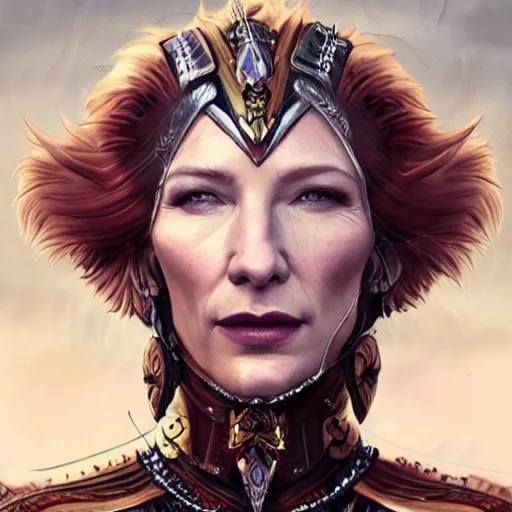 Image similar to portrait of cate blanchett as a warrior woman, looking at camera, d & d, choker on neck, stylish armor, intricate, elegant, stylish, fierce look, fantasy, extremely detailed, digital painting, artstation, concept art, smooth, sharp focus, illustration, stunning lighting, art by artgerm and simon stalenhag