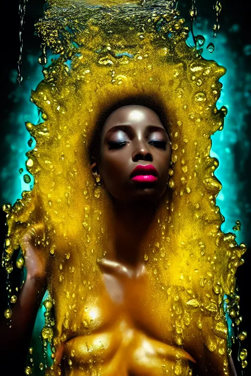 Prompt: hyperrealistic post rococo cinematic very expressive! black oshun goddess, in water up to her shoulders, translucent dripping droplet!, gold flowers, highly detailed face, digital art masterpiece, smooth eric zener cam de leon dramatic pearlescent teal back lighting, low angle uhd 8 k, sharp focus