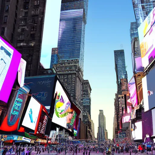 Image similar to giant alien spacecraft looming over times square, casting shadow as people look up, realistic, highly detailed digital art