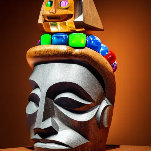 Image similar to a dslr photo of a tiki head made of gemstones sitting on a wooden table in a studio, realistic, trending on artstation