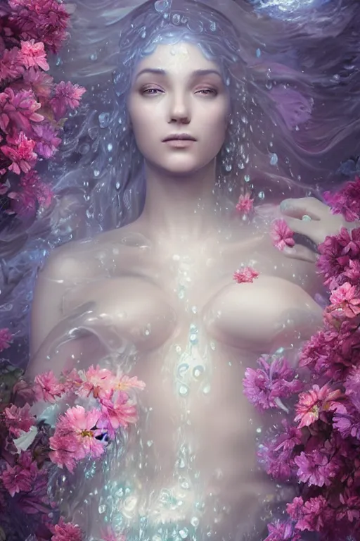 Image similar to ultra realistic 3 d render of a gorgeous goddess made of water and blooming flowers rising out of the water dripping by charlie bowater and farid ghanbari, beautiful, bioluminescent, ethereal, waterfall, intricate, elegant, full body,