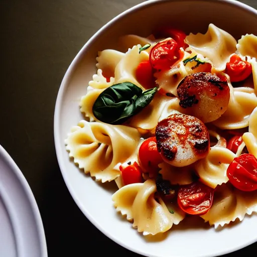 Prompt: a dramatically lit photo of a fancy scallop pasta with tomatoes