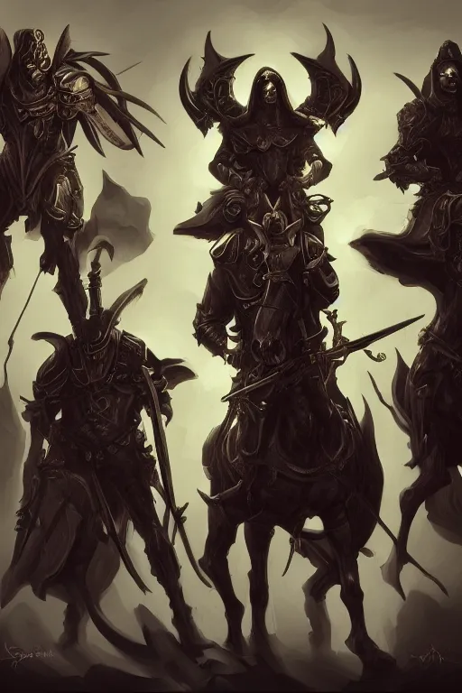 Prompt: a painting of the four horseman of the apocalypse, grim - lighting, high - contrast, intricate, elegant, highly detailed, digital painting, artstation, concept art, smooth, sharp focus, illustration