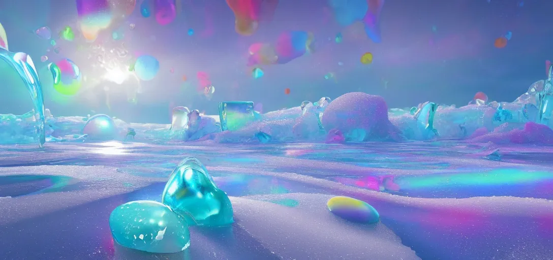 Prompt: surrealistic render of a icy candy landscape, sugar dust, colourful liquid bubbling, iridescent skies, waves, bubbles, reflections, refractions, caustics, dappled light, cinematic lighting, ultra detailed, sharp, ambient occlusion, raytracing, 3 d artstation render by greg rutowski, finnian macmanus and jessica rossier