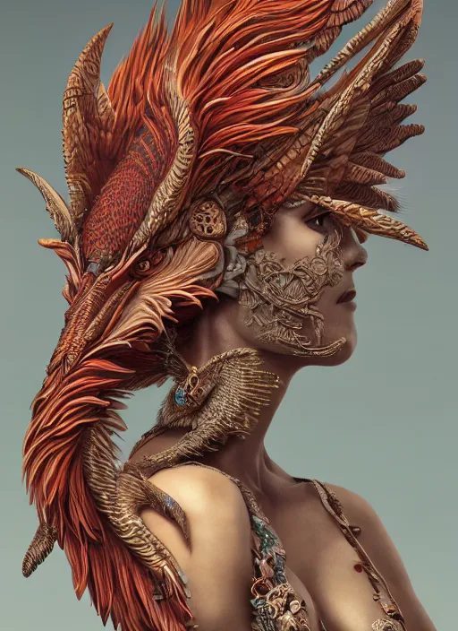 Image similar to a wlop 3 d portrait of a goddess, 8 k micro details beautiful intricate highly detailed quetzalcoatl skull and feathers. fire, galaxy, artwork by tooth wu and wlop and beeple and greg rutkowski, trending on artstation,