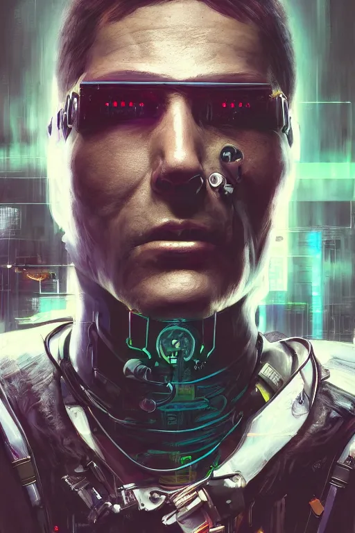 Image similar to illustration of an male cyberpunk character wearing bionic implants, criminal mugshot, highly detailed, oil on canvas, soft lighting, neon pastel colors, by WLOP and Greg Staples, HD, 4K