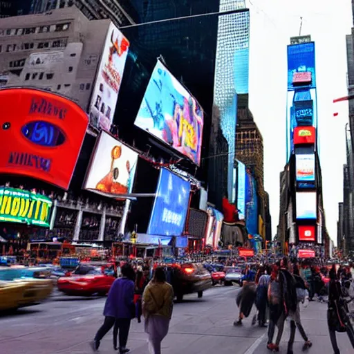 Prompt: Pixar Flying saucer abducting people in times square