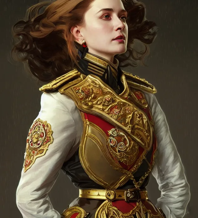 Prompt: portrait of a russian woman wearing a white traditional nineteenth century military jacket, metal shoulder pauldrons, intricate, highly detailed, digital painting, artstation, concept art, sharp focus, cinematic lighting, illustration, art by artgerm and greg rutkowski, alphonse mucha, cgsociety