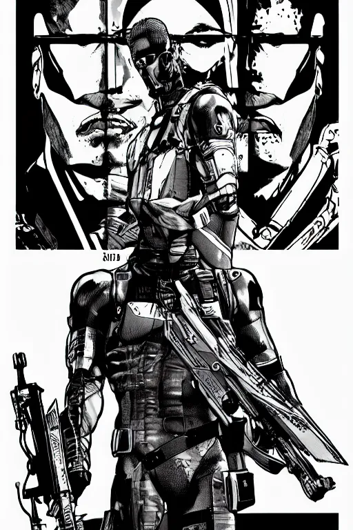 Image similar to gray fox from metal gear solid, a page from cyberpunk 2 0 2 0, style of paolo parente, style of mike jackson, adam smasher, johnny silverhand, 1 9 9 0 s comic book style, white background, ink drawing, black and white, colouring pages