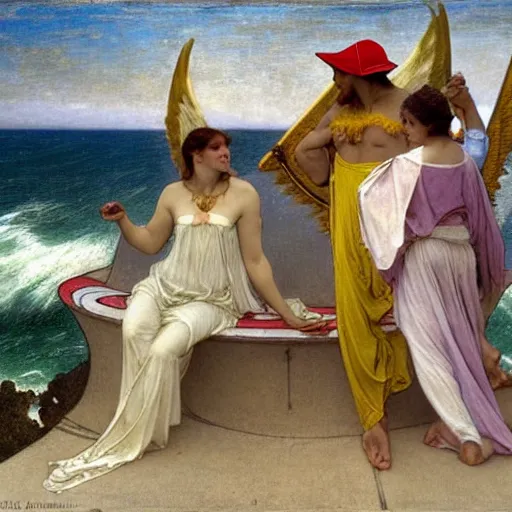 Prompt: Angels with jester hats and clothes forming a circle on the front of a Balustrade with a beach and a sail boat on the background, major arcana cards, by paul delaroche, alphonse mucha and arnold böcklin arnold böcklin hyperrealistic 8k, very detailed