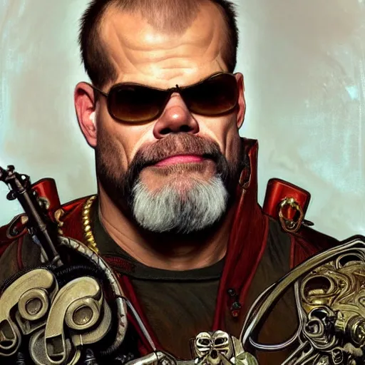 Prompt: full portrait of paul teutul as colonel wednesday bologna, fantasy, d & d, intricate, detailed, by by alphonse mucha, adolfo hohenstein, alice russell glenny, stanley artgerm lau, greg rutkowski, detailed, trending on artstation, trending on artstation, smooth