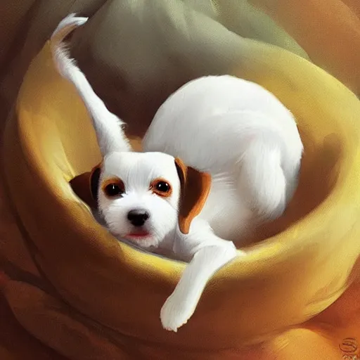 Image similar to adorable jack russel terrier laying in dog bed, in the livingroom, fantasy art, artstation character design contest winner, trending on cgsociety, concept art, speedpaint, beautiful digital art, jesper ejsing, james jean, justin gerard, fenghua zhong, makoto shinkai, highly detailed