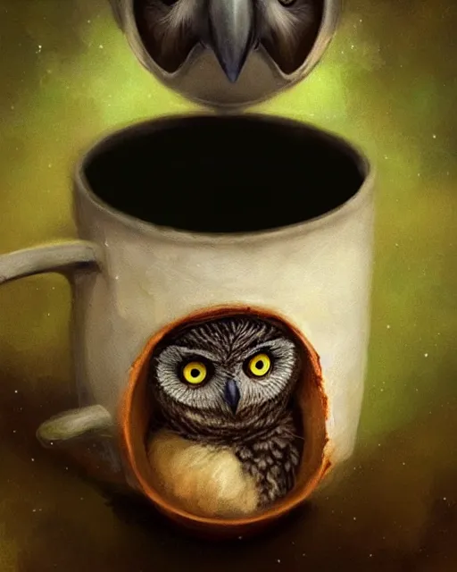 Image similar to long shot of a very cute owl chick nesting in a futuristic mug, esao andrews, humorous illustration, hyperrealistic, big depth of field, warm colors, night scenery, low light, 3 d octane render, 4 k, concept art, hyperdetailed, hyperrealistic, trending on artstation