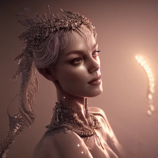 Image similar to full body detailed, ethereal, biomechanical, covered in diamonds and other gems glowing, highly detailed face, elegant posed, intricate, extremy detailed, beeple, cgsociety, 3 d unreal engine octane render. cinematic lighting, highly detailed 4 k art