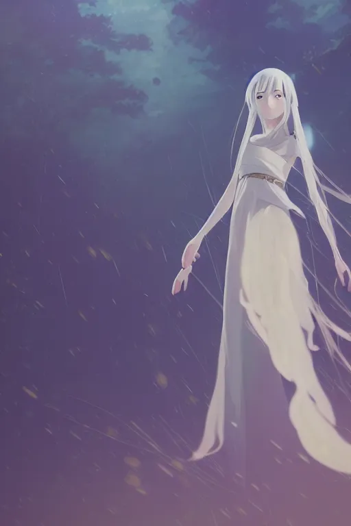 Image similar to A full body portrait of a female priestess with long silver hair by makoto shinkai and james gilleard, fantasy, very detailed, matte, gaussian blur, tone mapping