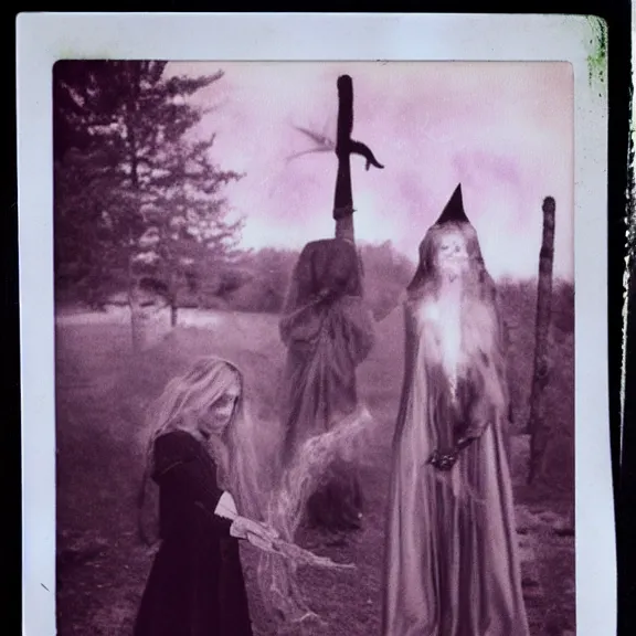 Prompt: a beautiful witch summoning a horrible demon, a polaroid photo taken by lucifer, rich decaying bleeding colors