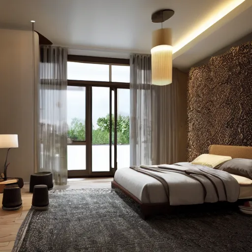 Prompt: bedroom with earth tones interior, raining outside